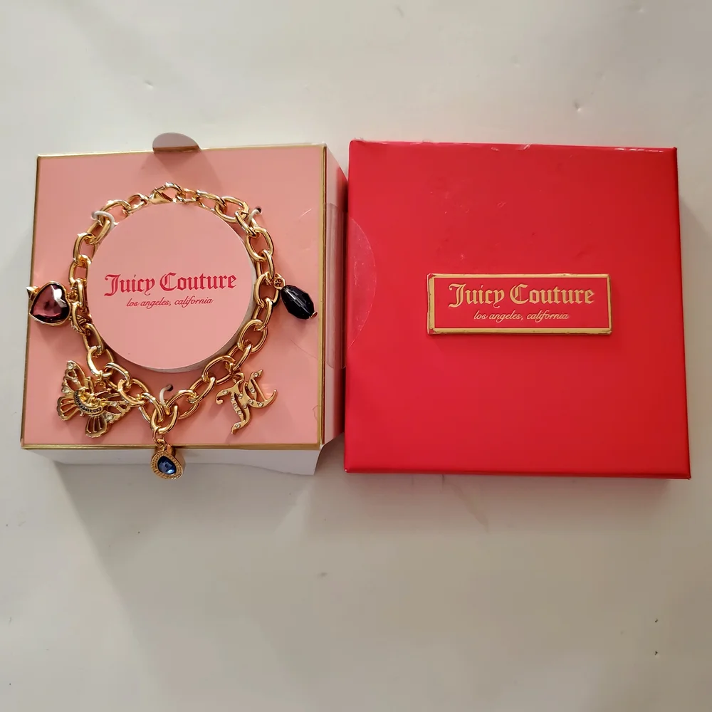 Juicy Couture Gold Bracelet with Heart & Jewel Charms New In Box 18" - Picture 6 of 6
